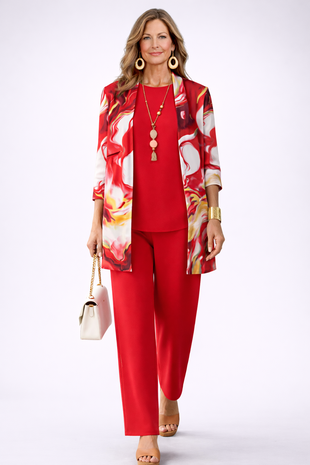 Red 3-piece set with tunic, floral kimono jacket, and matching straight-leg pants
