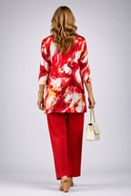Red 3-piece set with floral jacket, red tunic, and matching straight-leg pants