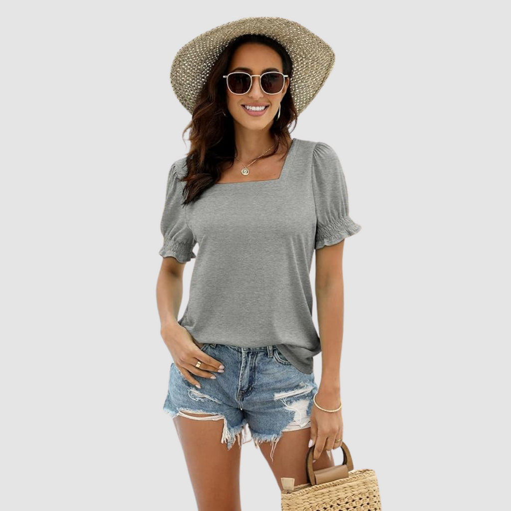 Square-neck blouse in gray with puff sleeves and gathered cuffs