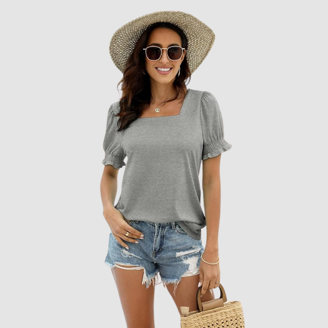 Square-neck blouse in gray with puff sleeves and gathered cuffs