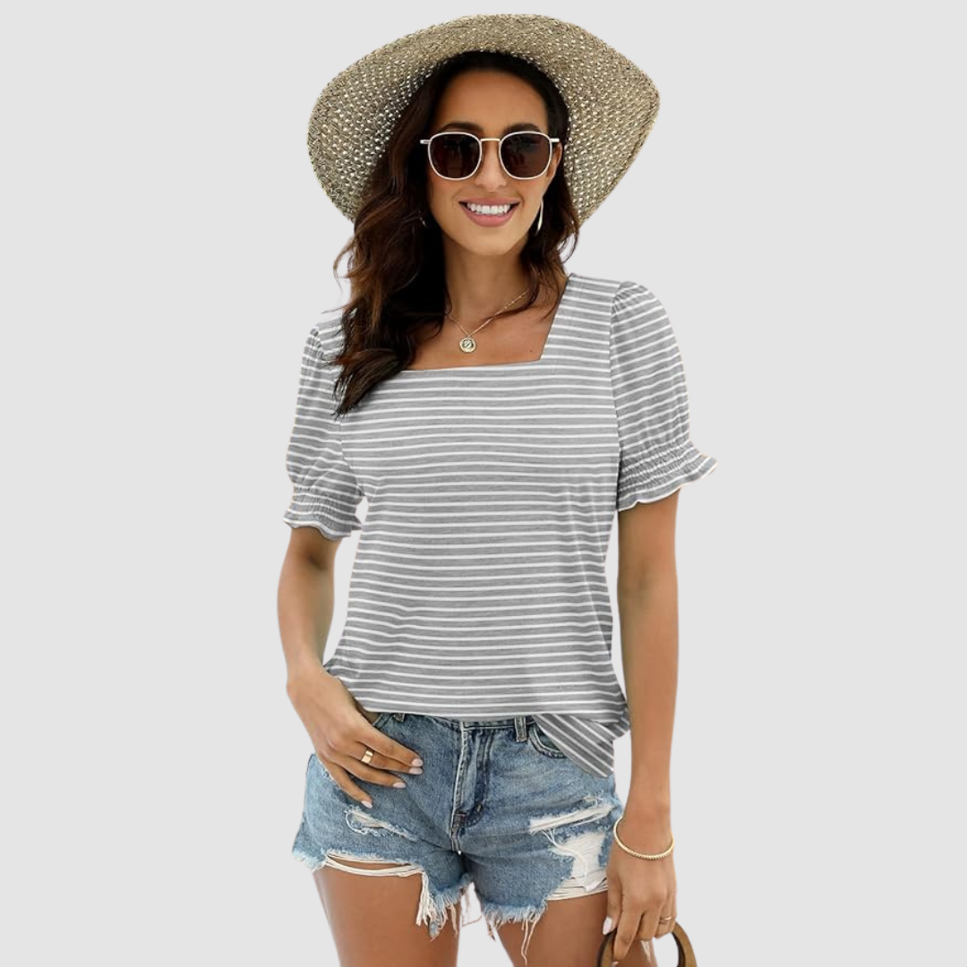 Square-neck striped top with short flutter sleeves, gray-and-white horizontal stripes