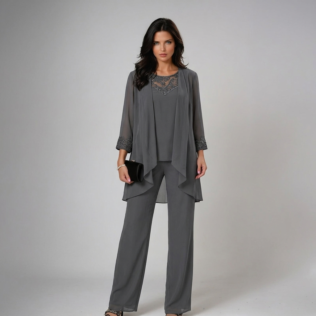 Gray three-piece set with lace-trim yoke top, layered drape jacket, and wide-leg pants