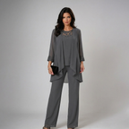 Gray three-piece set with lace-trim yoke top, layered drape jacket, and wide-leg pants