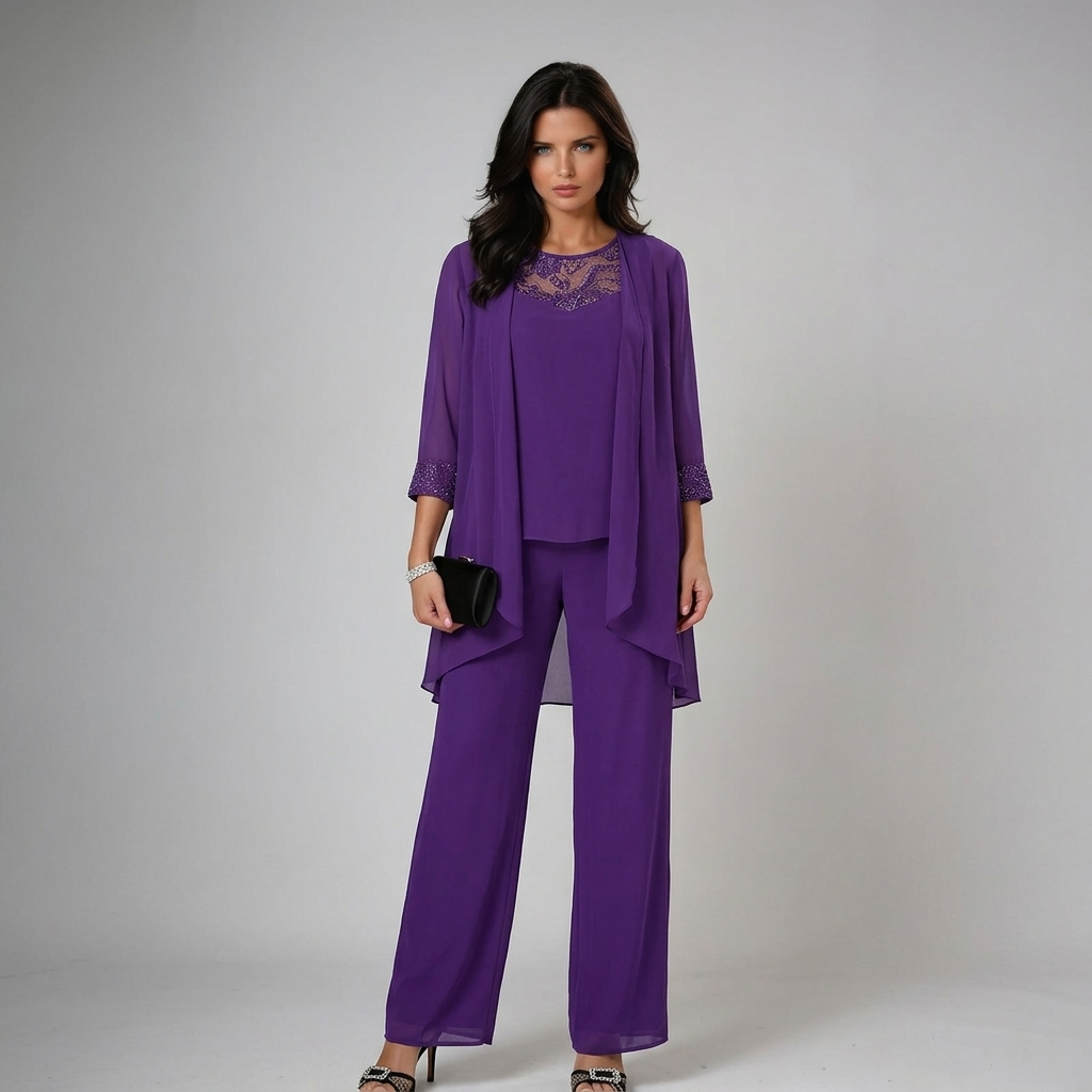 Purple three-piece set with lace-trim yoke top, draped overlay, and wide-leg trousers