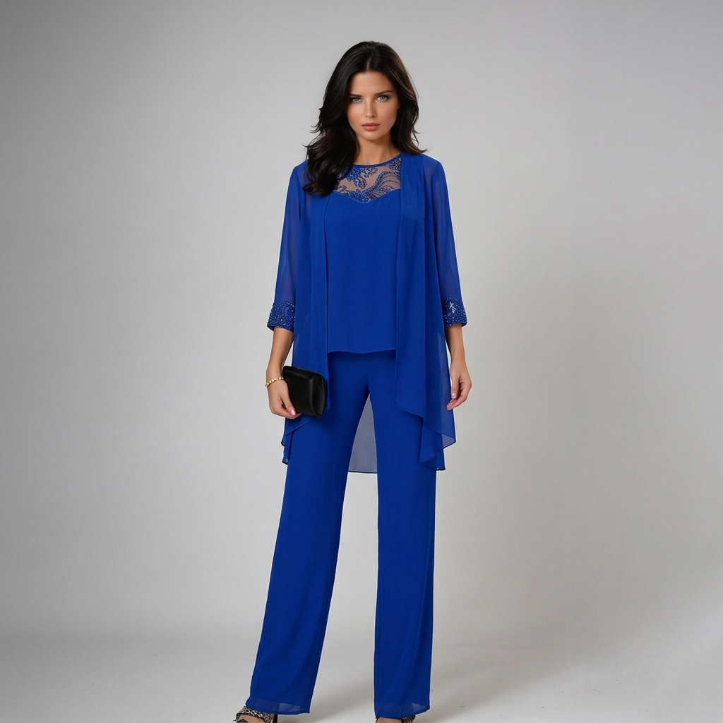 Blue three-piece set with lace neckline, draped top overlay, and wide-leg trousers