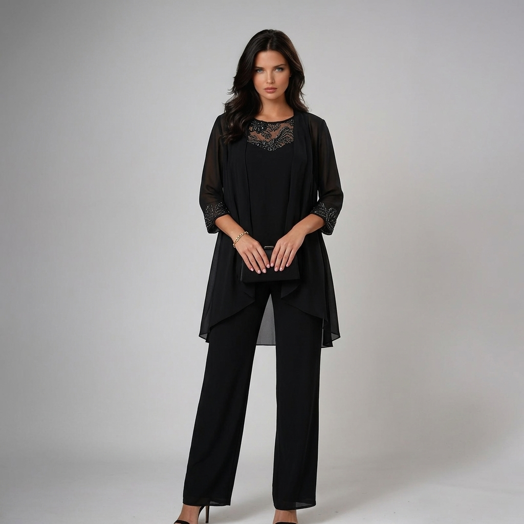 Black three-piece set with lace neckline top, draped jacket overlay, and wide-leg trousers