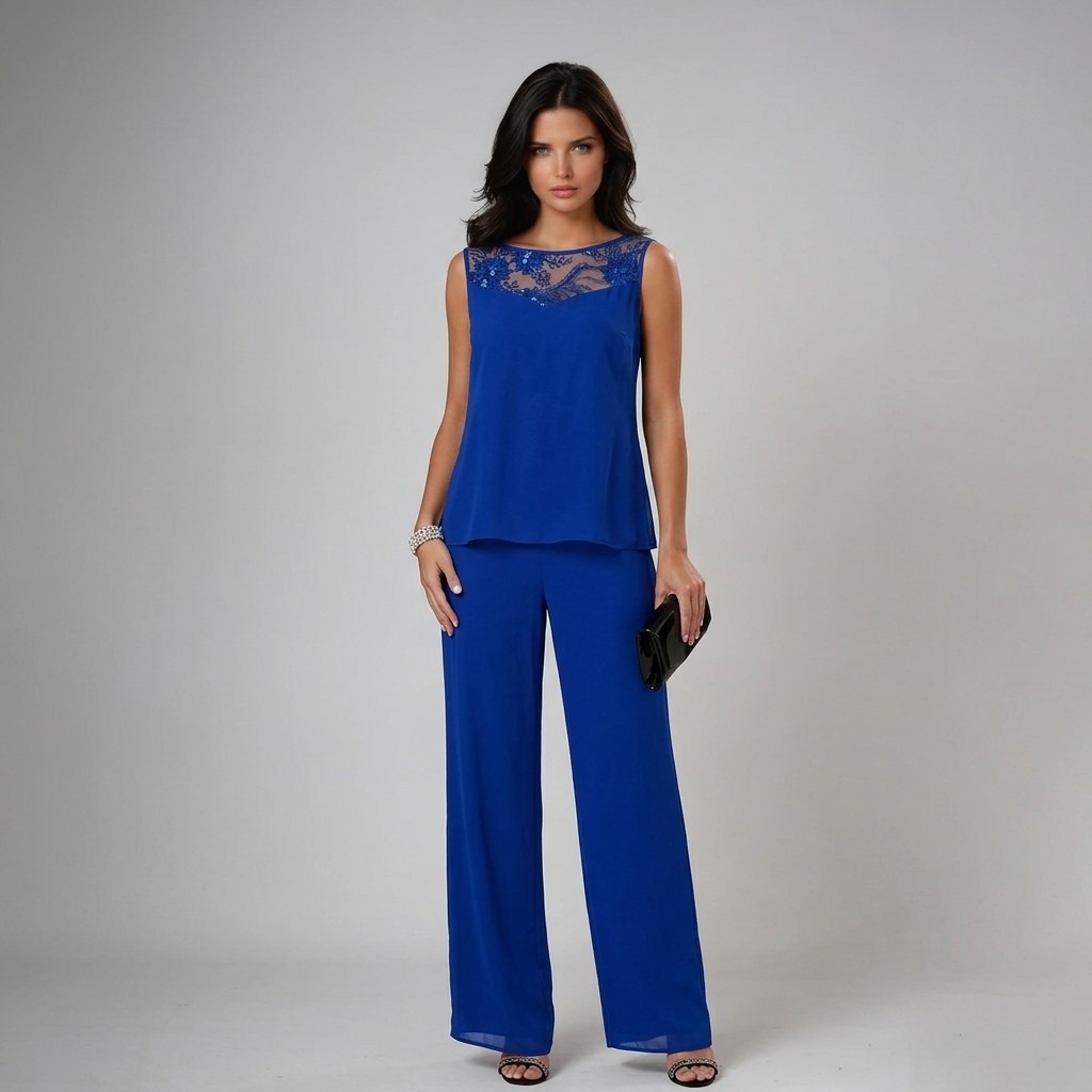 Blue sleeveless three-piece set with lace yoke top and wide-leg trousers