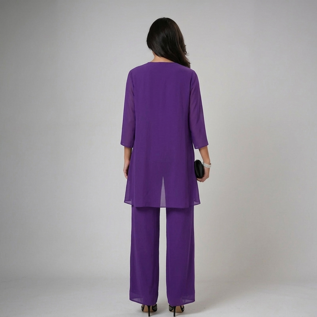 Purple three-piece set back view with draped tunic overlay and wide-leg trousers