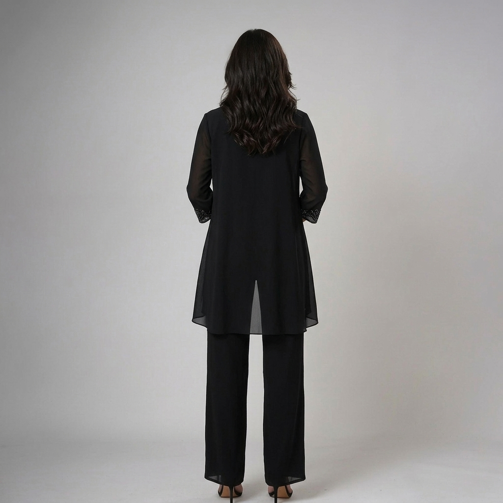 Black three-piece set back view with lace-trim draped jacket and wide-leg trousers