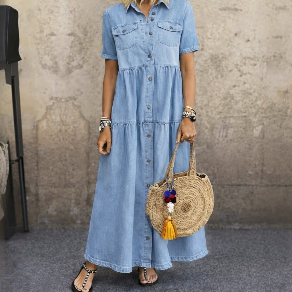 ELIZABETH denim button-front midi dress, sky blue tiered skirt, short sleeves, pockets