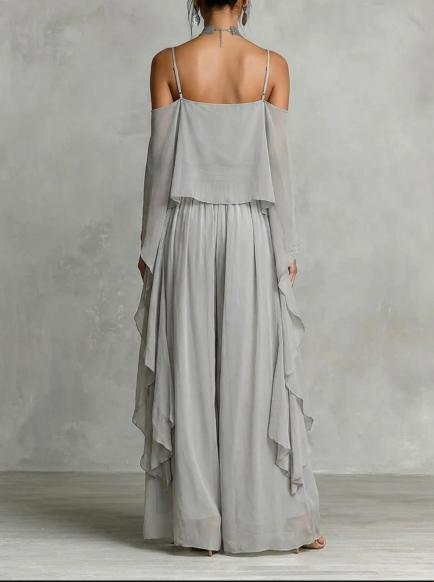 Gray off-shoulder spaghetti-strap top with tiered maxi skirt, back view