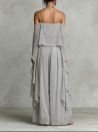 Gray off-shoulder spaghetti-strap top with tiered maxi skirt, back view