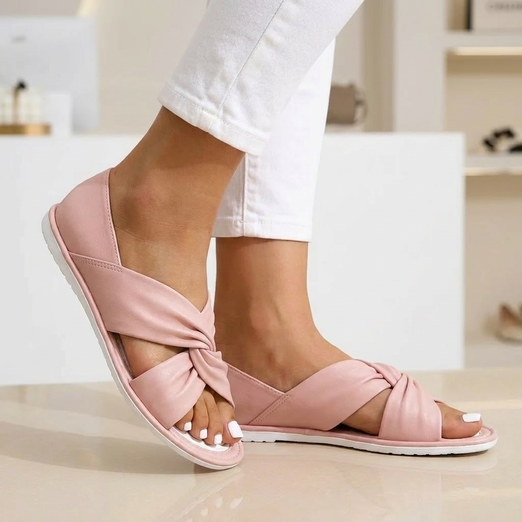 Knot-strap slide sandals, light pink, open-toe with twisted front strap