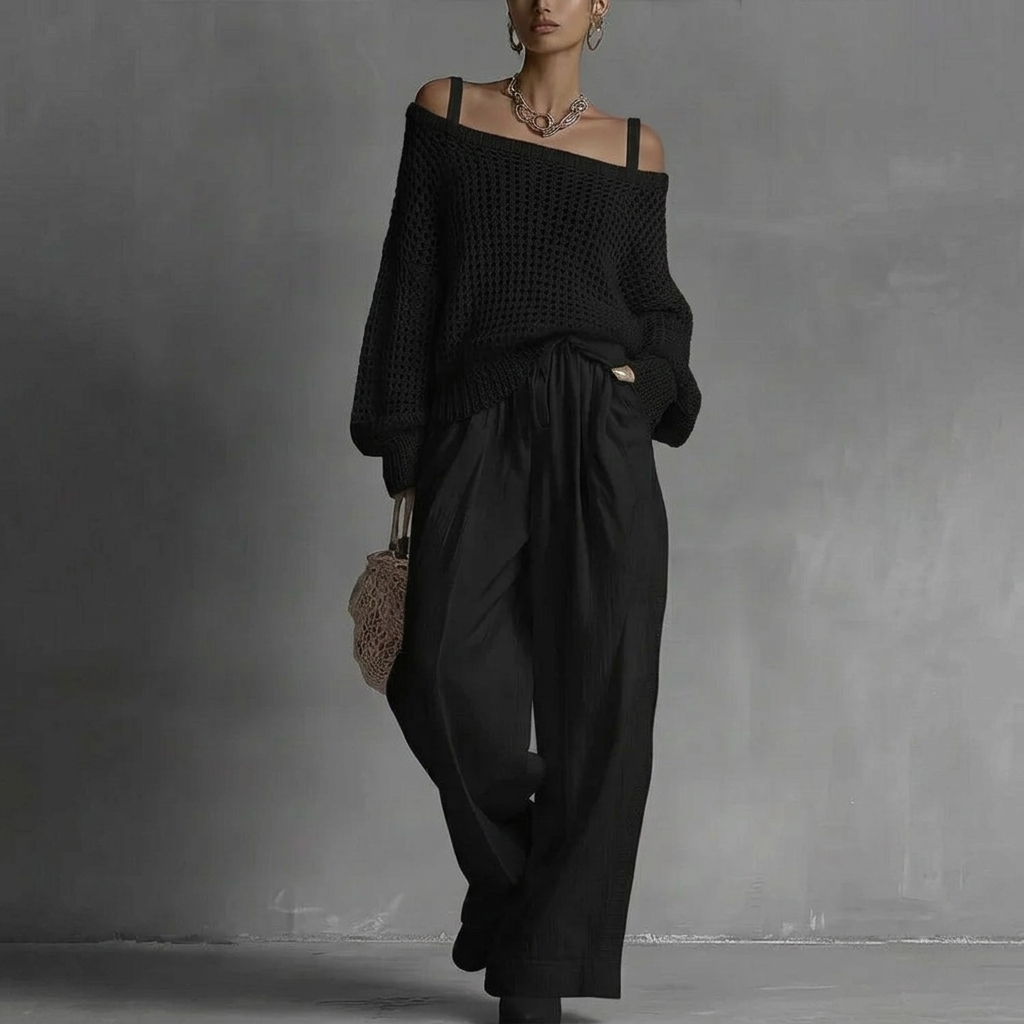 Black off-shoulder crochet top with matching drawstring wide-leg pants set