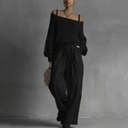 Black off-shoulder crochet top with matching drawstring wide-leg pants set