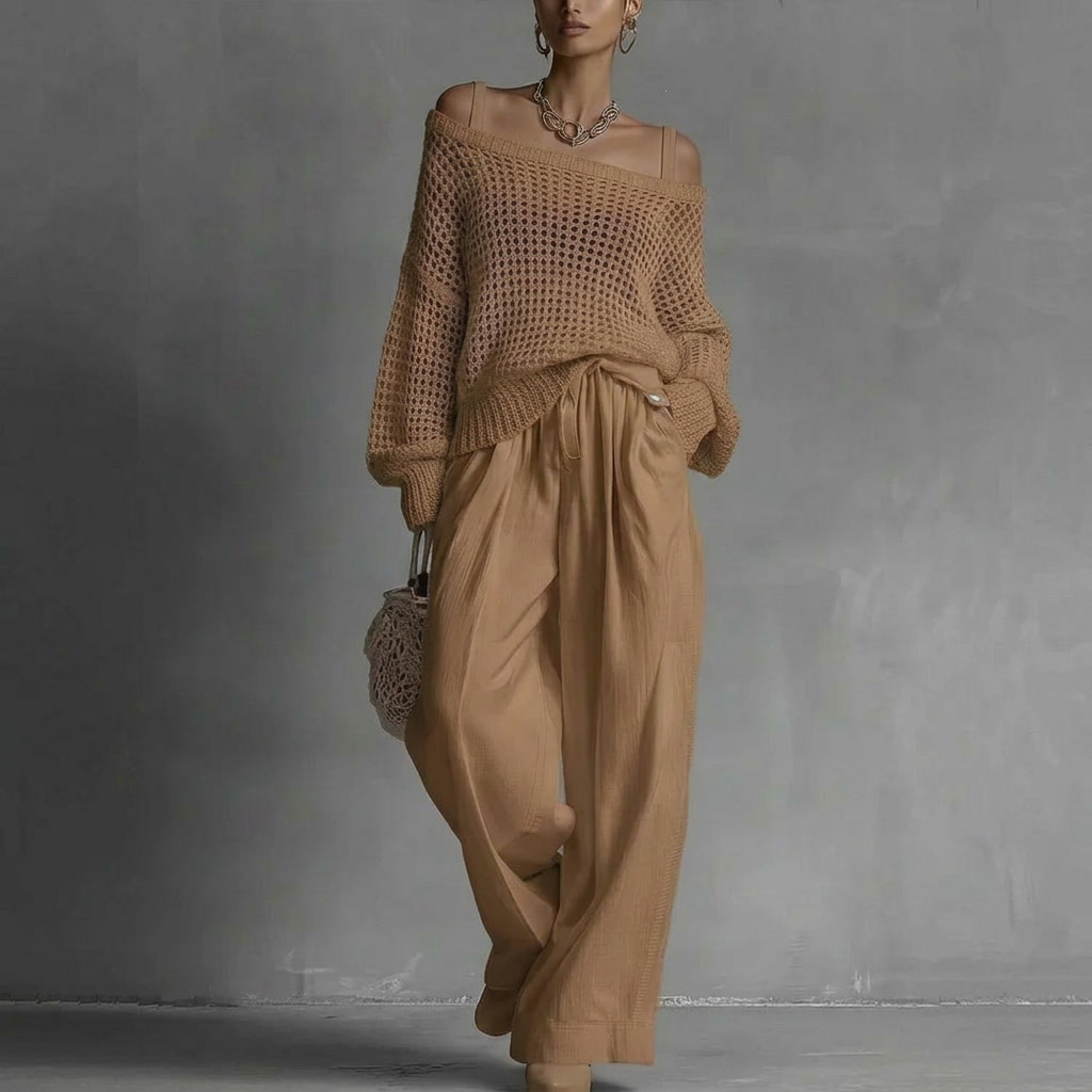 Tan off-shoulder crochet top and matching drawstring wide-leg pants set