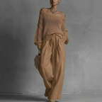 Tan off-shoulder crochet top and matching drawstring wide-leg pants set