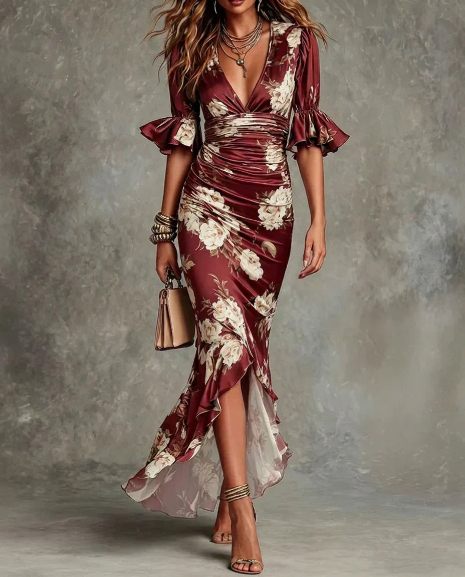 Red floral satin maxi dress, ruched V-neck bodice, flutter sleeves, asym ruffle hem