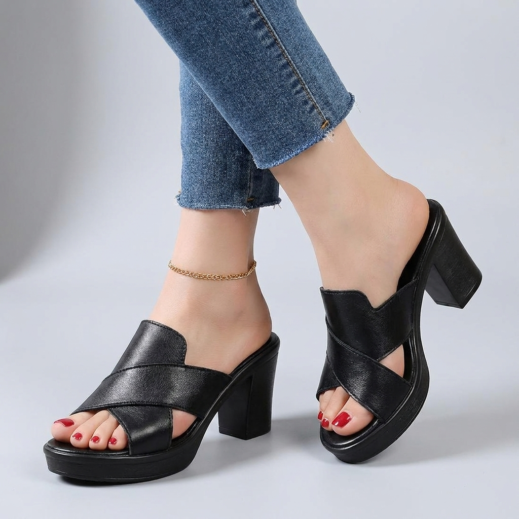 Black orthopedic sandals with cross straps, open toe, and thick block heel.