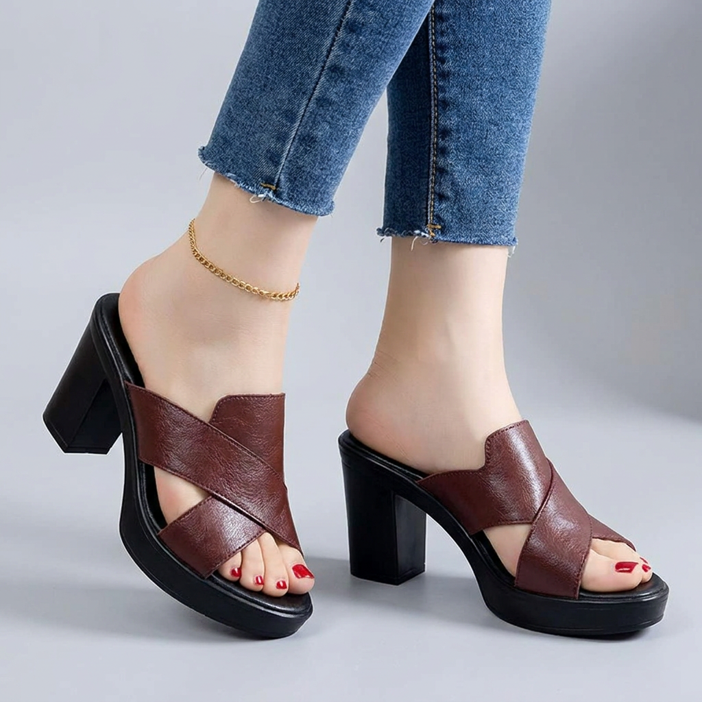 Brown orthopedic sandals with cross straps and black platform block heel.