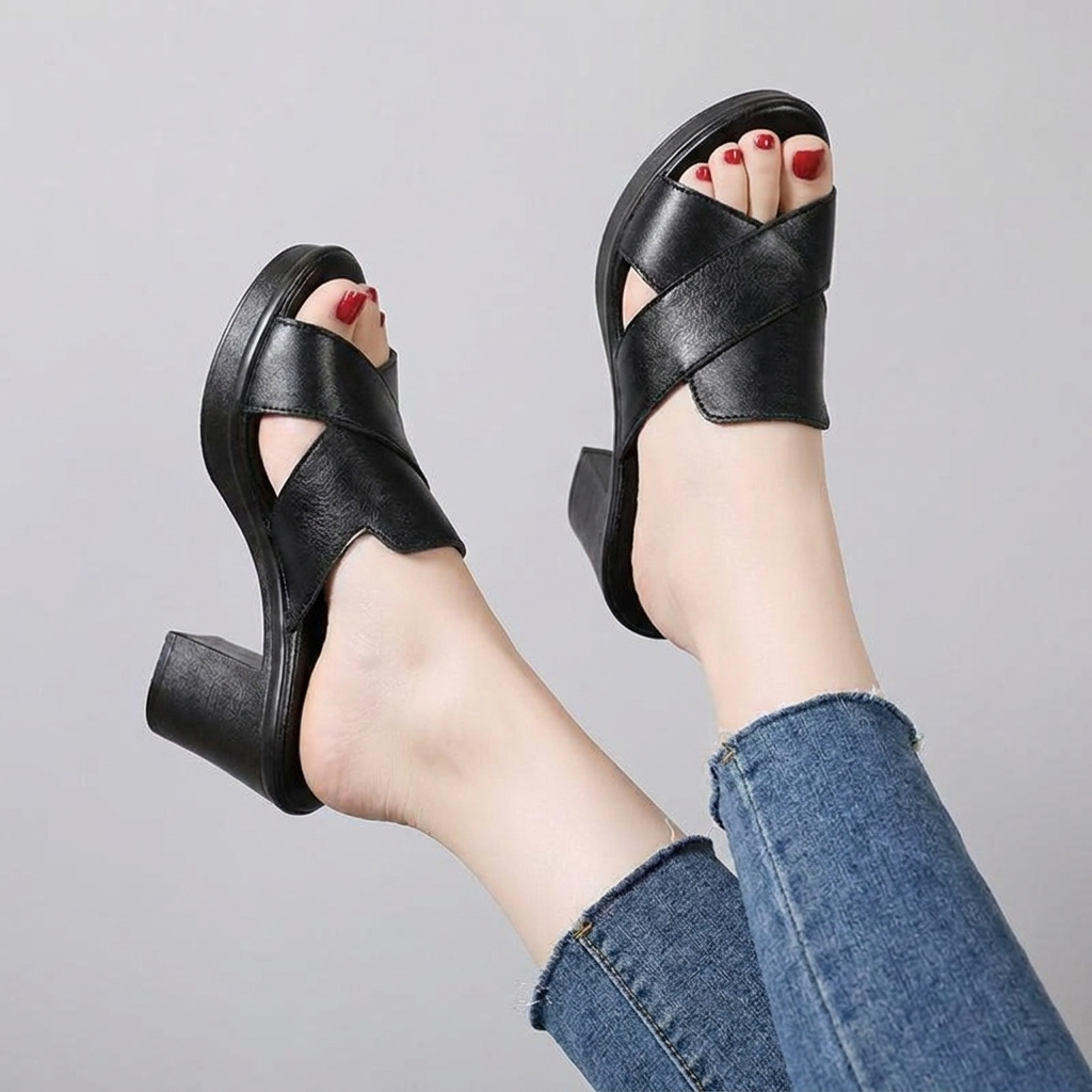 Black orthopedic sandals, open-toe cross strap with chunky heel and platform sole.