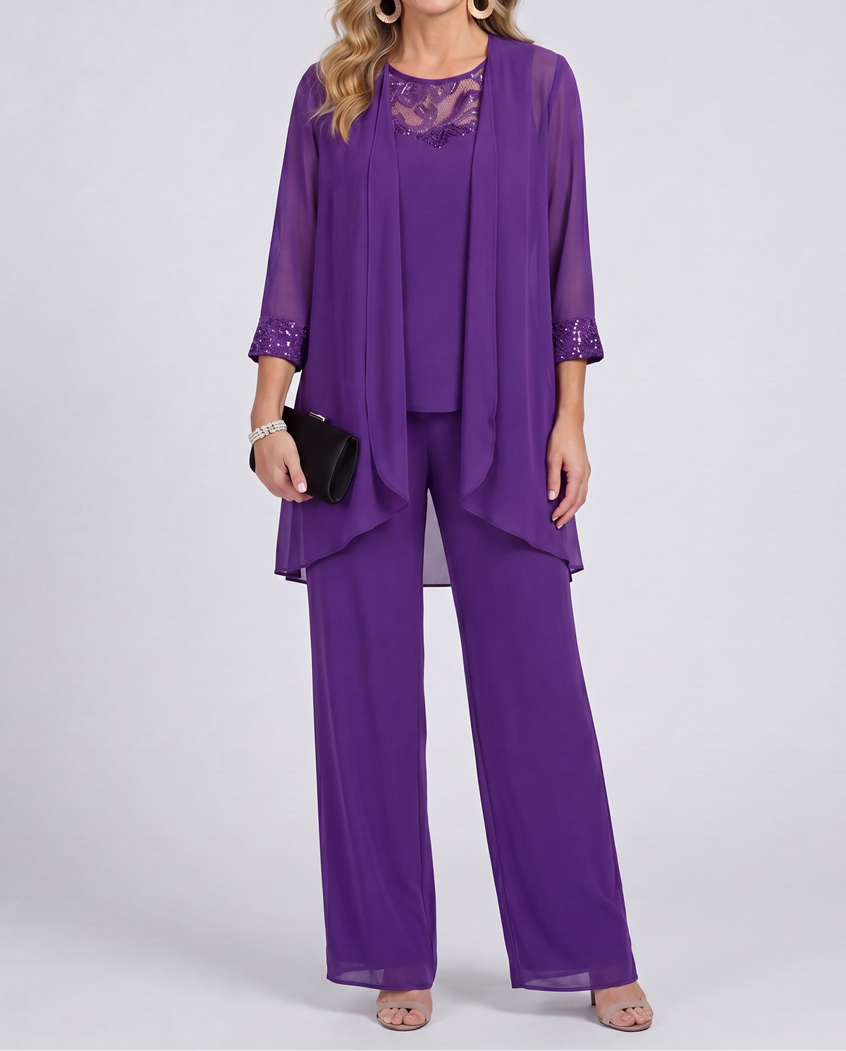 Purple flowing jacket and wide-leg pants set with lace-trim cuffs and drape