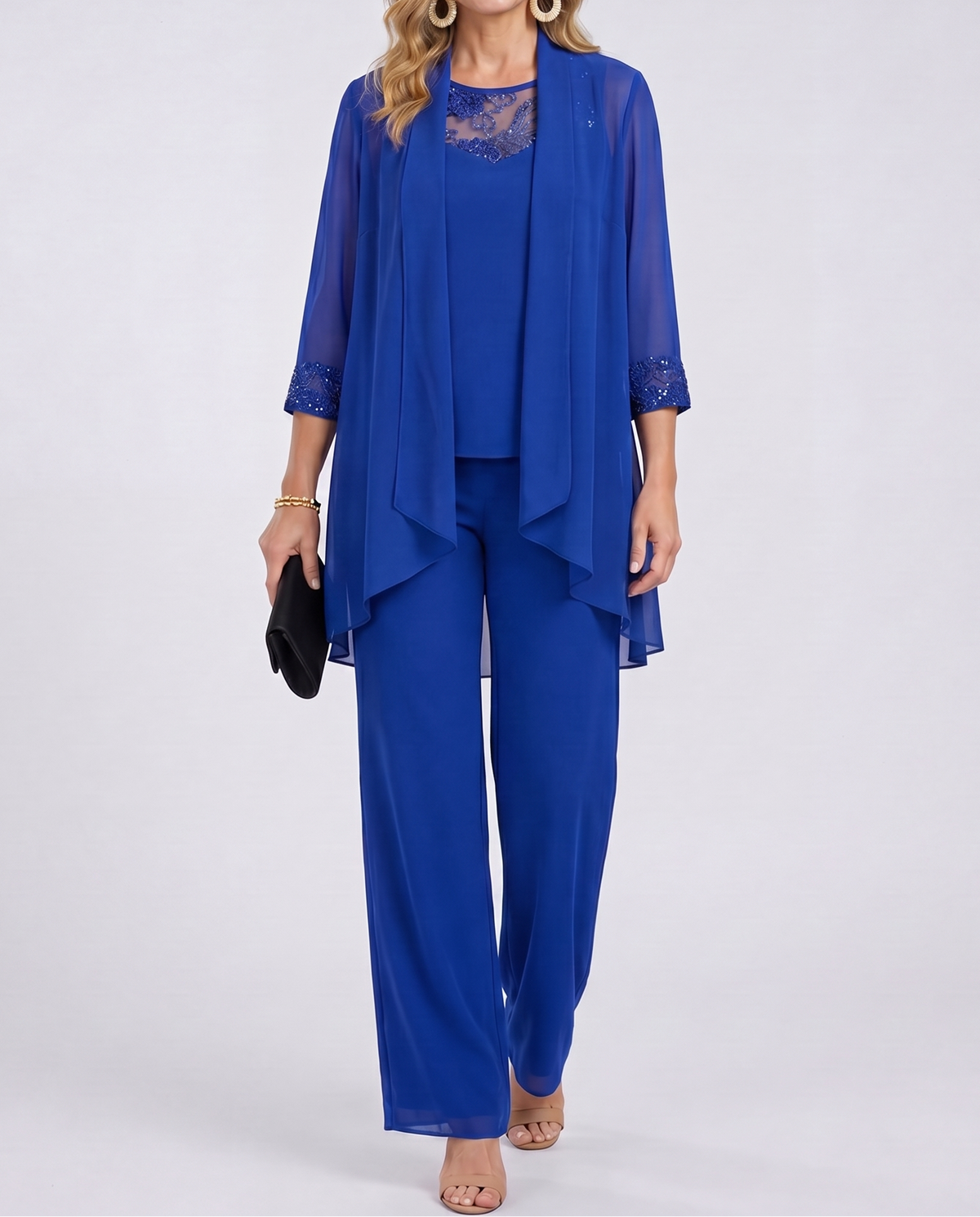 Blue flowing jacket and wide-leg pants set with draped jacket and 3/4 sleeves