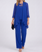 Blue flowing jacket and wide-leg pants set with draped jacket and 3/4 sleeves