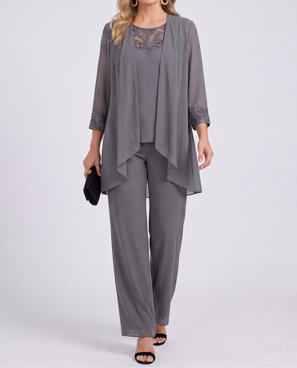 Gray flowing jacket and wide-leg pants set with lace-trim neckline, 3/4 sleeves