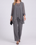 Gray flowing jacket and wide-leg pants set with lace-trim neckline, 3/4 sleeves