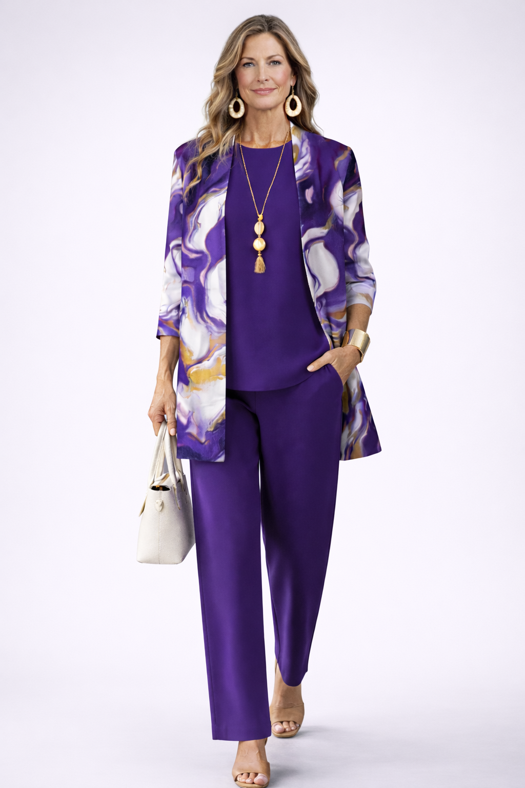 Gavina 3-piece set: purple sleeveless top, matching pants, patterned kimono jacket