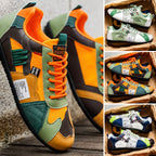Colorful retro sneakers, orange and green with dark brown and teal lace details