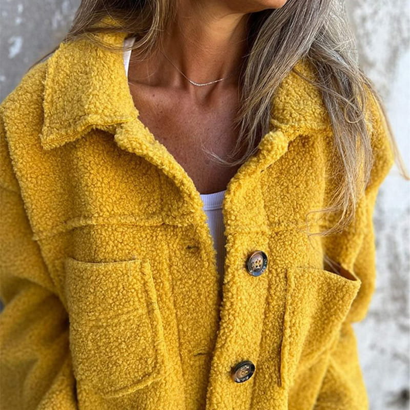 Yellow teddy jacket with button placket and flap chest pocket detail