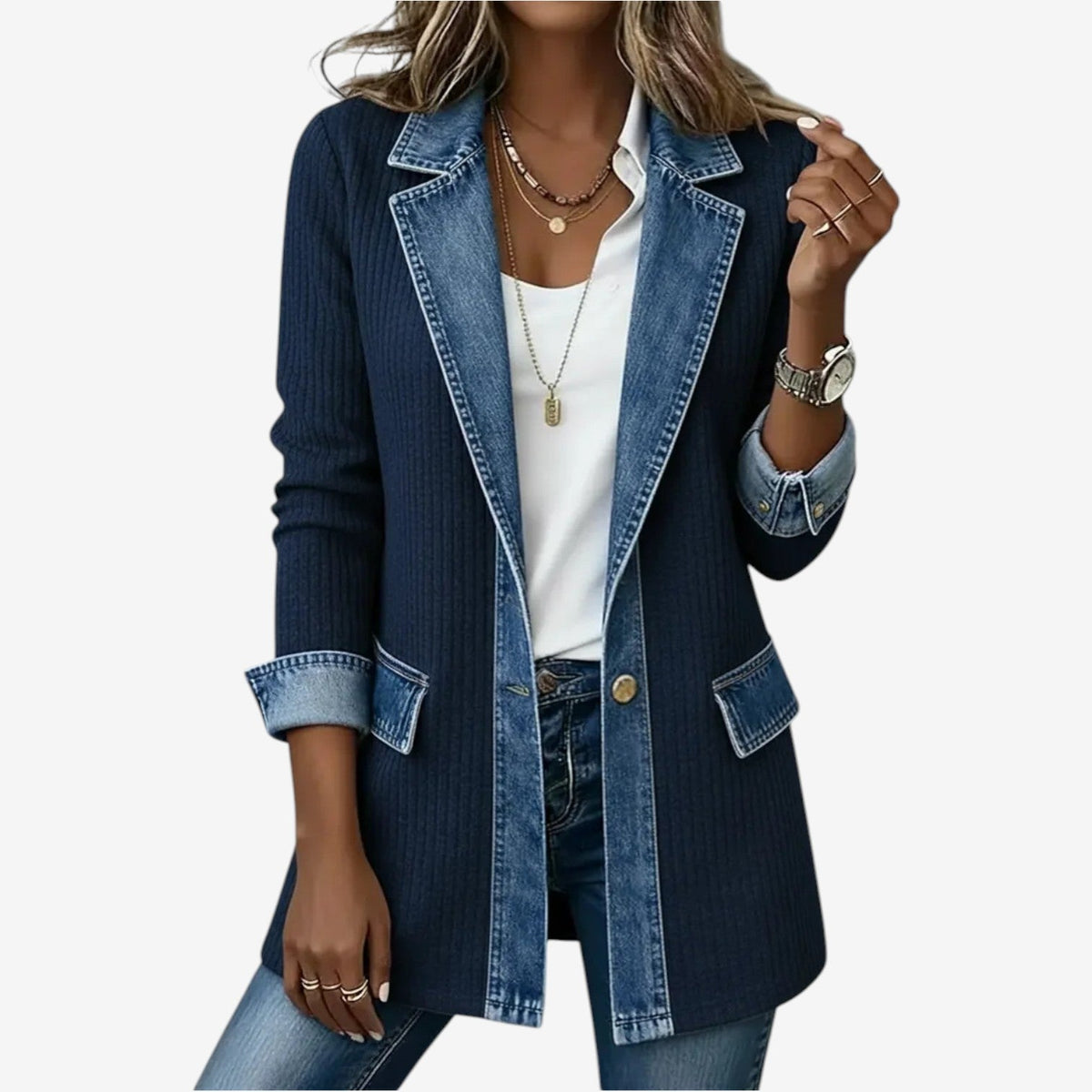 Mixed media layered jacket with dark blue ribbed body and light blue denim pockets and cuffs