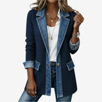 Mixed media layered jacket with dark blue ribbed body and light blue denim pockets and cuffs