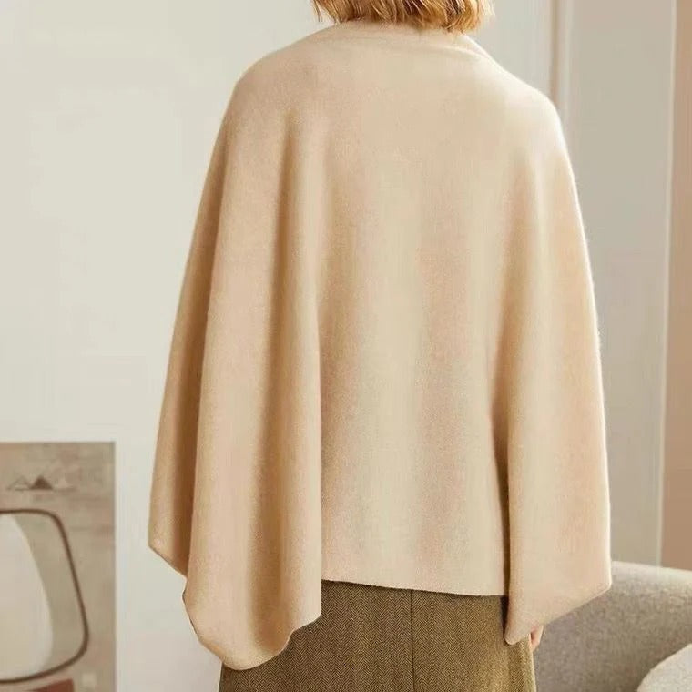 Light beige merino wool shawl, back view with draped silhouette