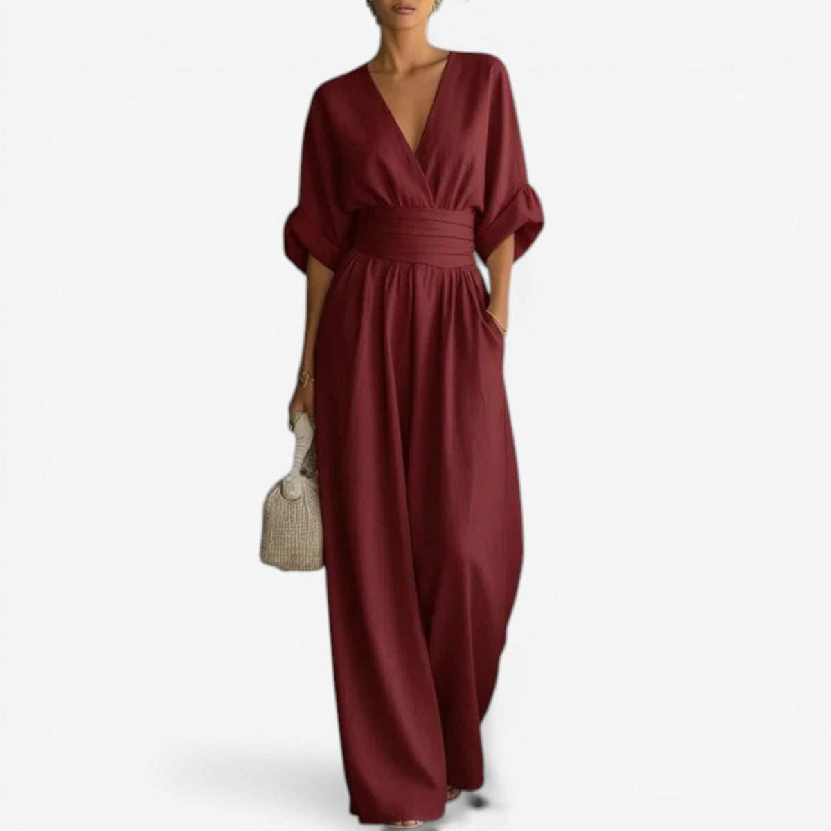 Claret wrap V-neck jumpsuit with gathered waist and loose wide-leg trousers