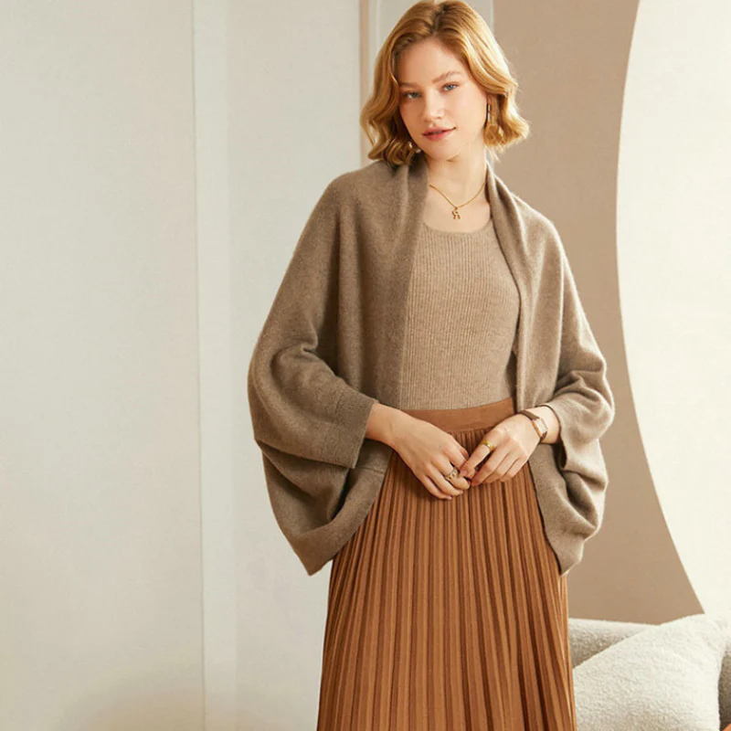 Taupe merino wool shawl, draped wrap with long sleeves