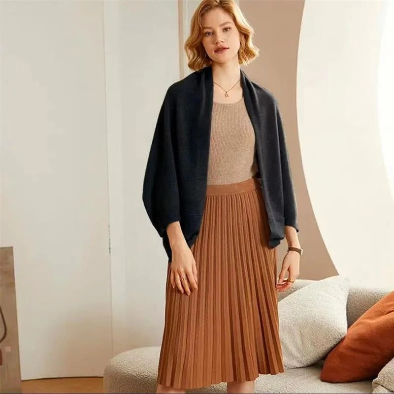 Black merino wool shawl, open front wrap over a top
