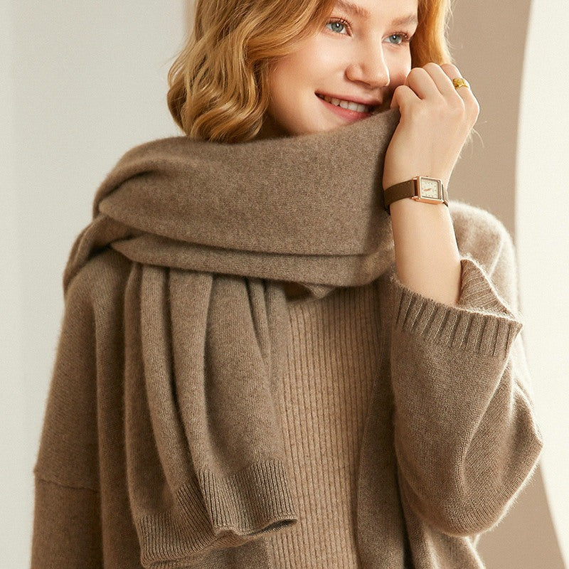 Taupe merino wool shawl with folded cowl-style collar