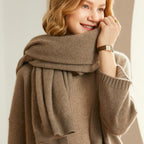 Taupe merino wool shawl with folded cowl-style collar