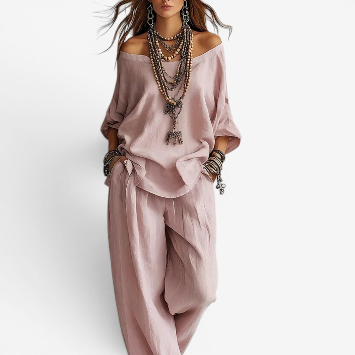 Pink off-shoulder blouse and draped pants set, long loose sleeves