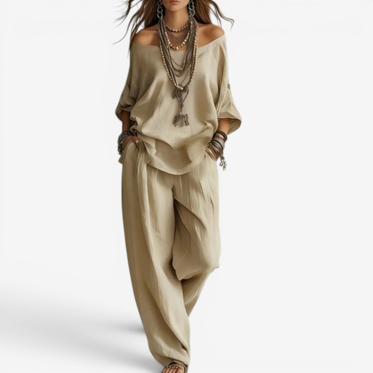 Khaki off-shoulder blouse and draped pants set, layered necklace detail