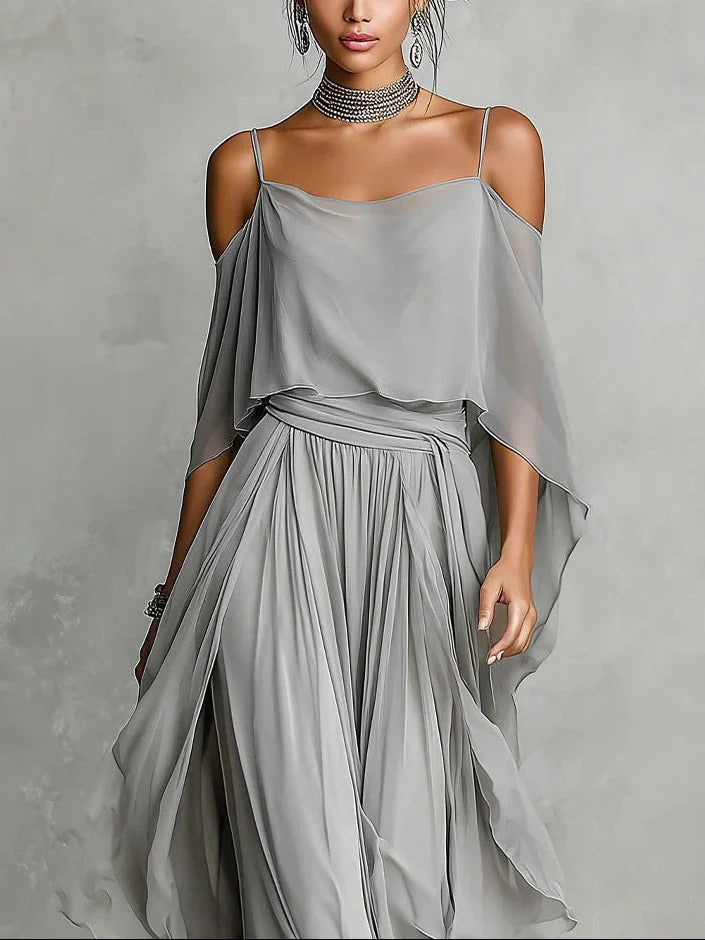 Gray cold-shoulder chiffon top with pleated tiered maxi skirt, front view