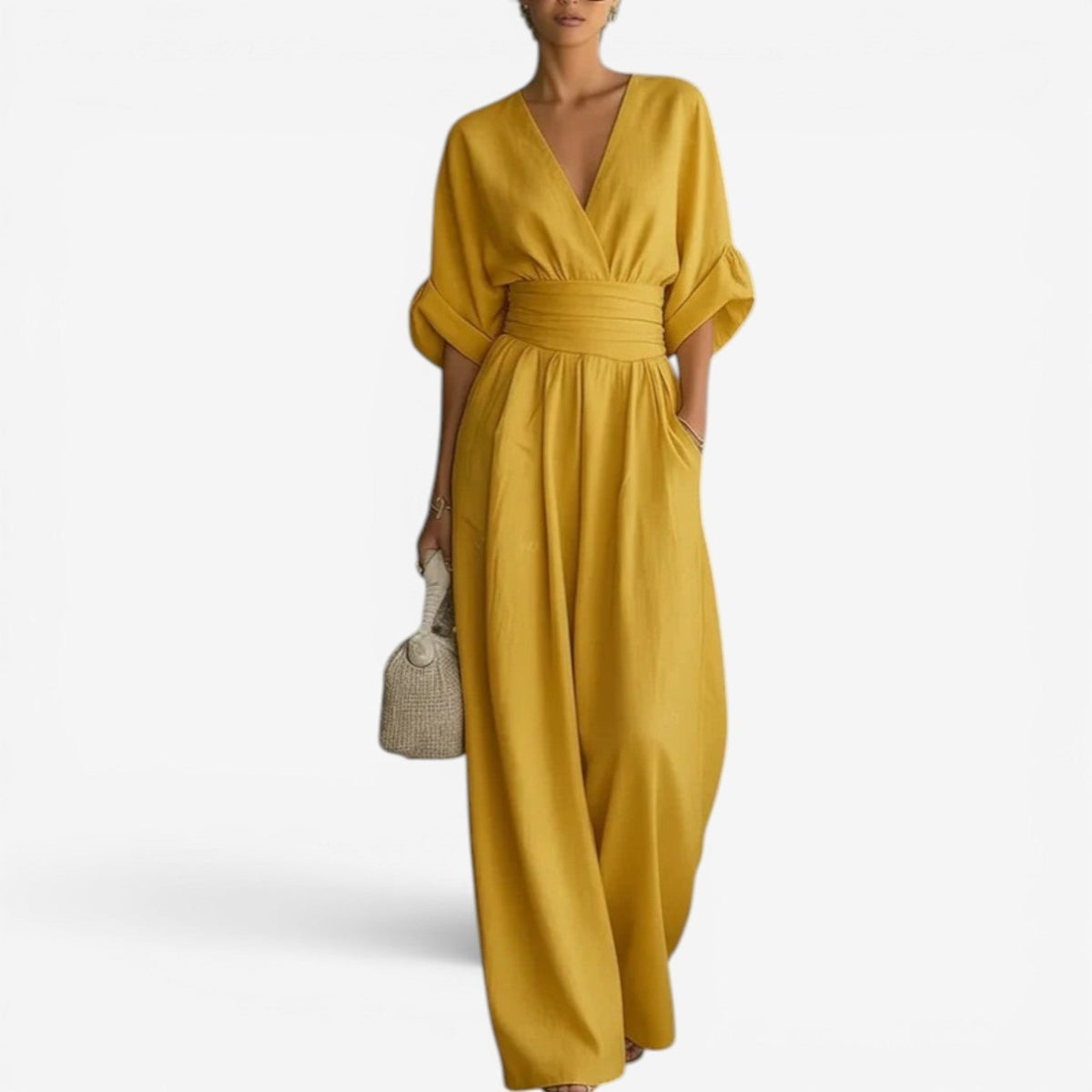 Yellow wrap V-neck jumpsuit with elastic waist and wide-leg trousers