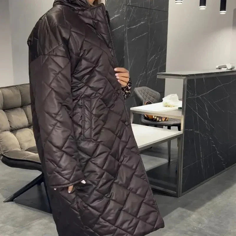 Dark brown quilted long winter coat with zip front and long sleeves