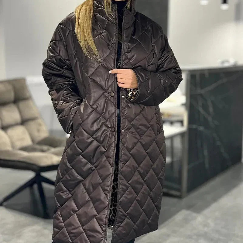 Dark brown quilted long winter coat with zip front, high collar, leopard cuffs