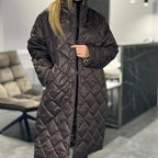 Dark brown quilted long winter coat with zip front, high collar, leopard cuffs
