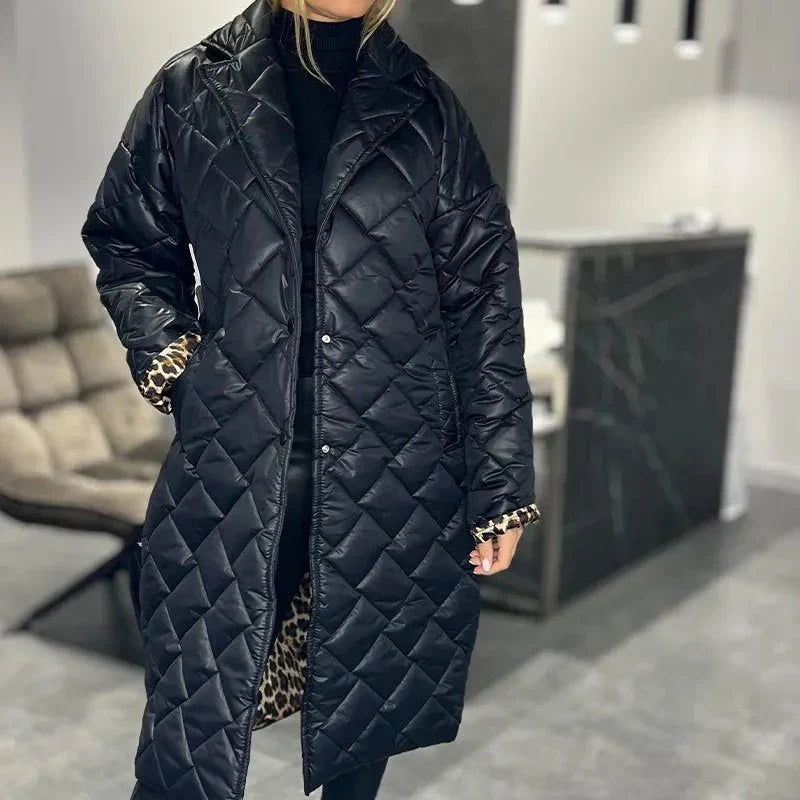 Black quilted long winter coat with zip front, high collar, leopard-print cuffs