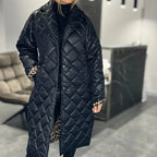 Black quilted long winter coat with zip front, high collar, leopard-print cuffs